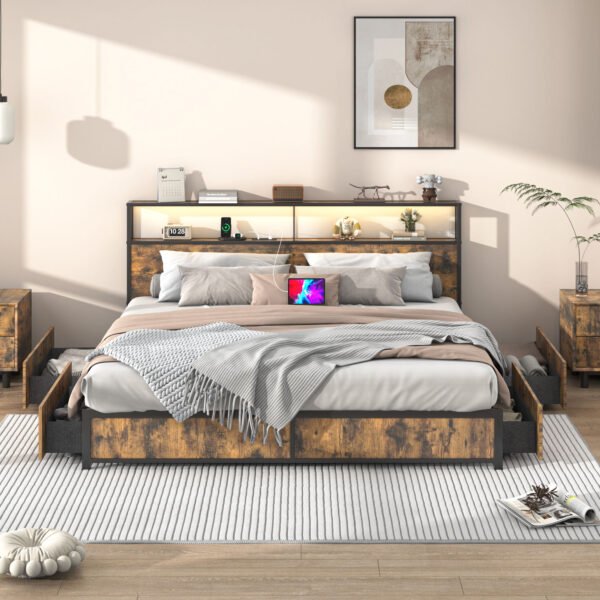 Bed Frame with LED Light & Outlets USB Ports, Metal Platform Bed with Storage Headboard - Image 3