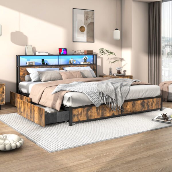 Bed Frame with LED Light & Outlets USB Ports, Metal Platform Bed with Storage Headboard