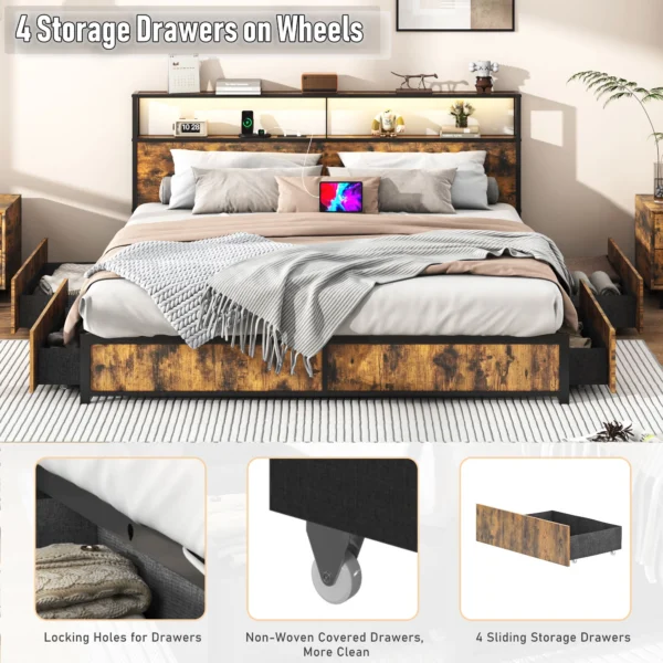 Bed Frame with LED Light & Outlets USB Ports, Metal Platform Bed with Storage Headboard - Image 2