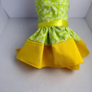 Handmade Cotton Dog Dress - Green and yllow flower Puppy Outfit, Size Small