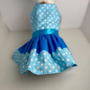 Handmade Cotton Dog Dress - Blue/Green Poka dot Puppy Outfit, Size Small