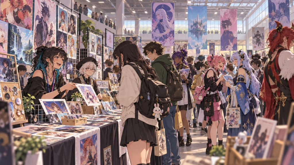 Original illustration of a busy anime convention artist alley
