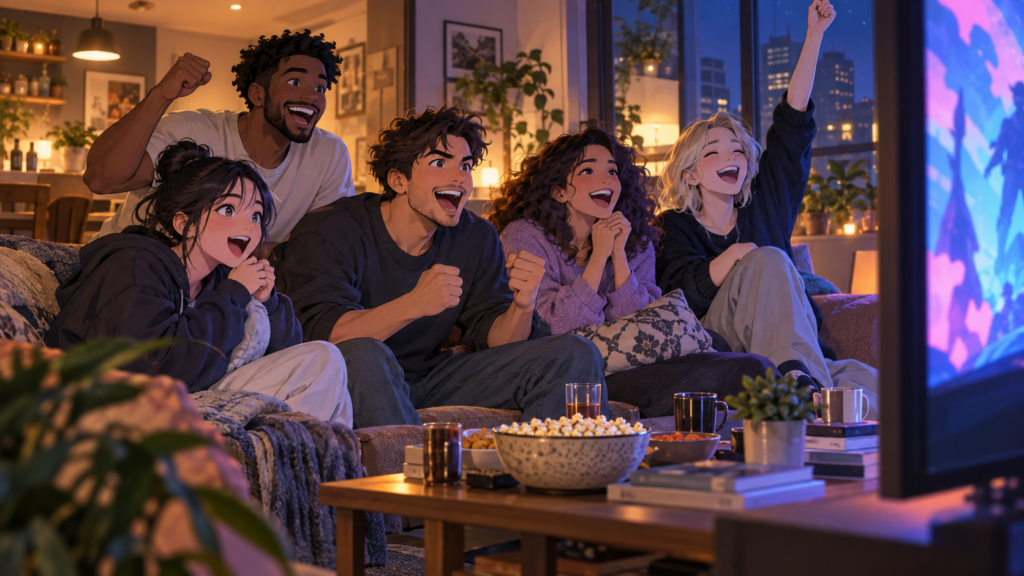 Original illustration of friends enjoying an anime watch party at home